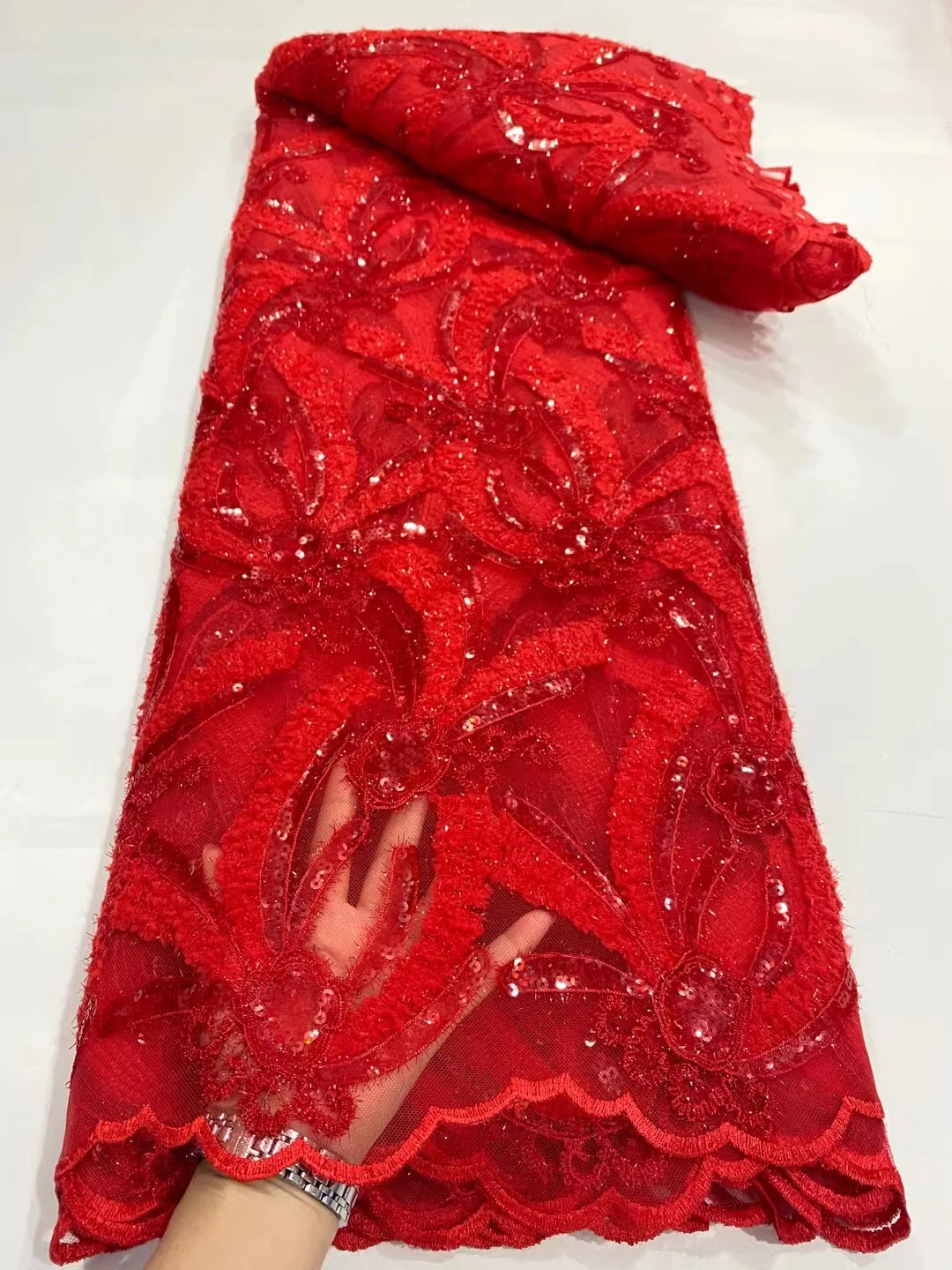 NDPN146 Red color African net lace fabric with sequins,new fashion embroidered French tulle lace fabric for party/wedding dress