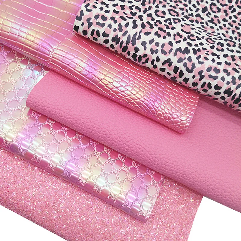 Розовые блестящие кожаные листы Chunk из искусственной кожи с леопардовым принтом Радужная крокодиловая искусственная кожа винил для «сделай сам» 21x29 см Y439