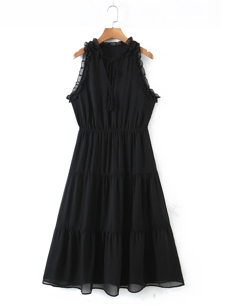 

Summer Elegant Black Chiffon Midi Dress Women Ruffles Sleeveless Elastic Waist A-line Dresses 2022 robe femme