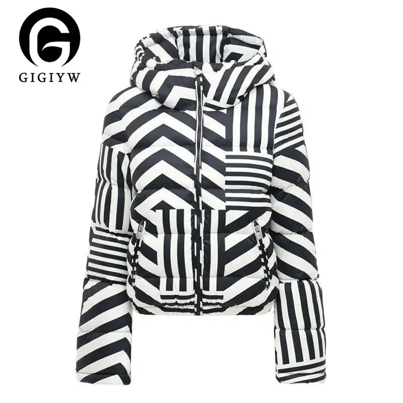 

Женская короткая куртка с капюшоном GIGIYW, черно-белая, с принтом, зима 2022