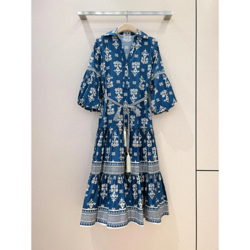 2023 Summer New Arrivals Top Quality Cotton Vintage Blue Floral Print Turn-down Collar Belt Women Mini Dress