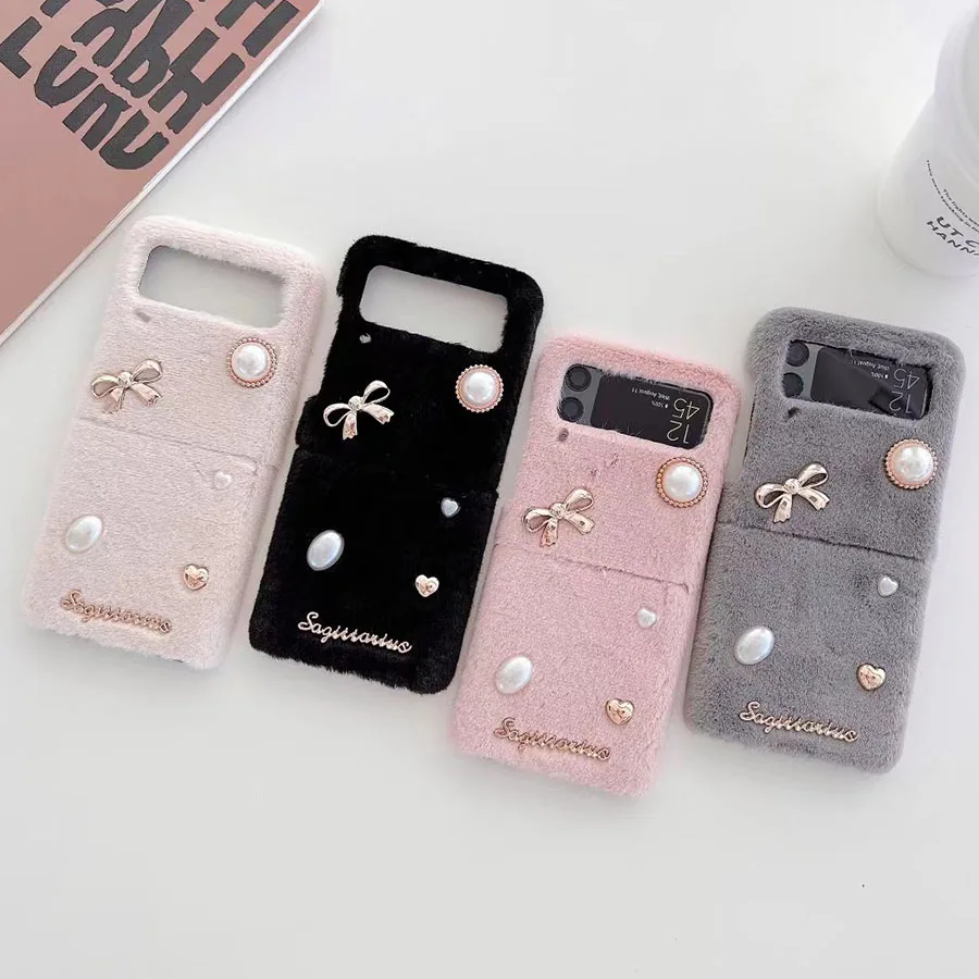 

Роскошный чехол для телефона с жемчужным бантом и Плюшевым Мехом для Samsung Galaxy Z Flip 3 ZFlip3, чехол для телефона, милый теплый зимний Мягкий Пушист...