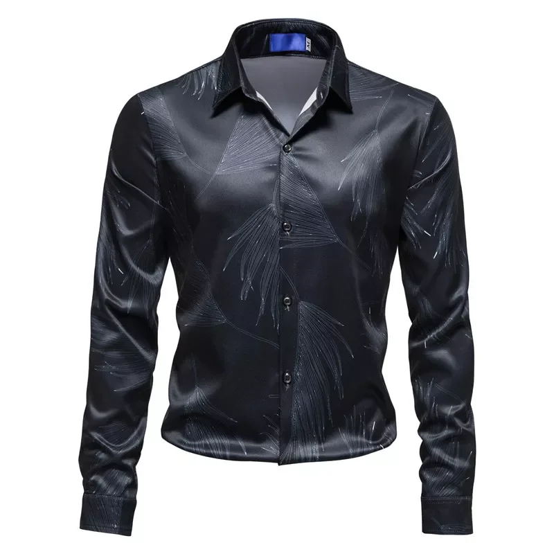 Casual Men's Fashion Lapel Drop Feather Print Long Sleeve Shirt 2021 New Business