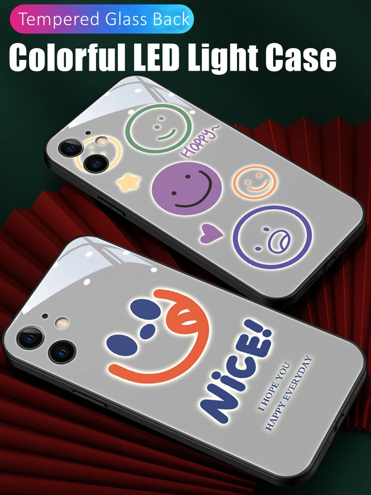 

Nice Smile Coloful LED Light Glow Luminous Tempered Glass Phone Case for Samsung S21 S22 S23 Note 10 20 A14 A54 A73 Plus Ultra