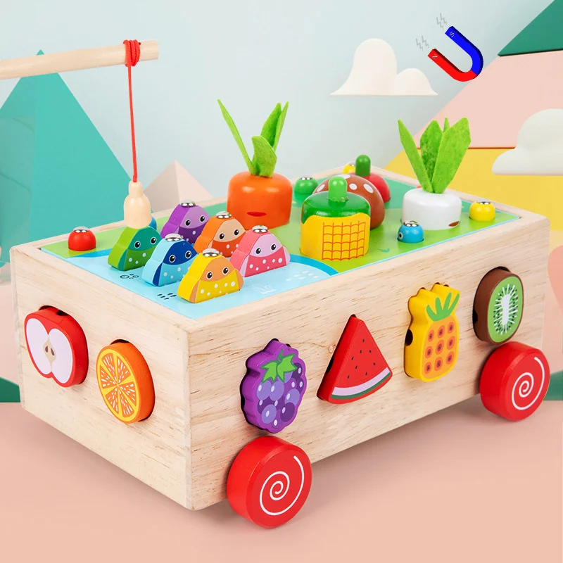 

Wooden Toy Set Baby Fishing Pull Along Car Shape Cognitive Puzzle Learing Toy Children Wooden Baby Toys For Toddlers Montessori