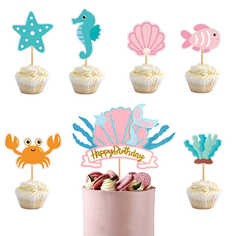 

Crab Cake Topper Marine Animals Happy Birthday Decoration Girl Boy Children's Baby Shower Fishtail Starfish Cupcake Paper Cups
