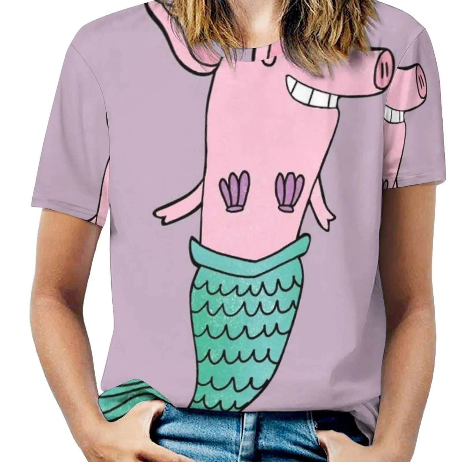 Русалка Свинья-Фиолетовый модный принт Женская футболка для девочек Harajuku Топы и