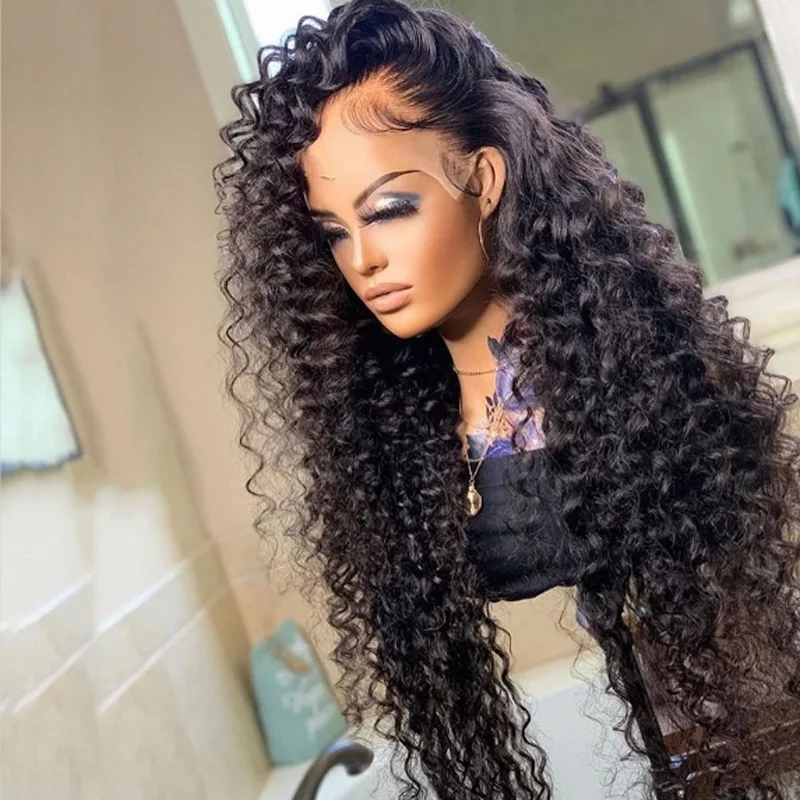 

Soft Natural Black 180 Denisty Long Kinky Curly Lace Front Wig For Women With Babyhair Pre Plucked Daily Wig