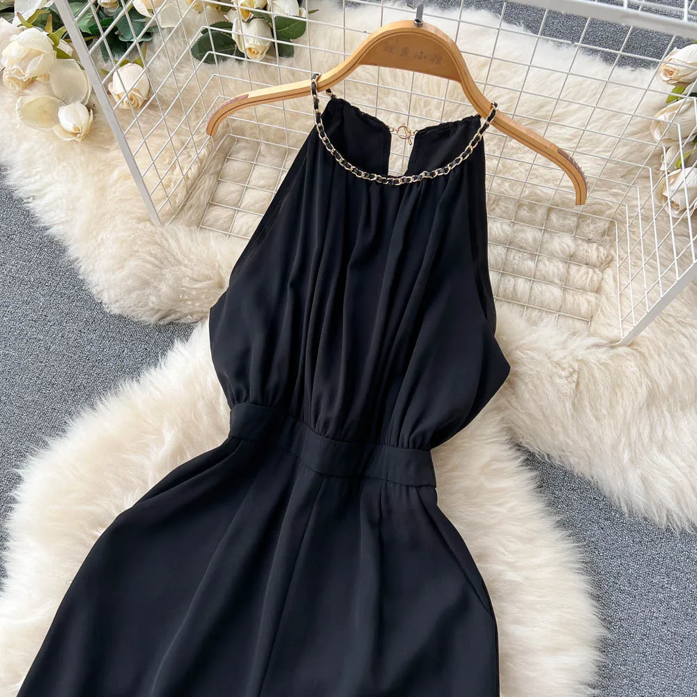 Summer Elegant Chain Halter Black Jumpsuit Women Outfits Solid High Waist Rompers Playsuits Female Overalls Korean Clothing
