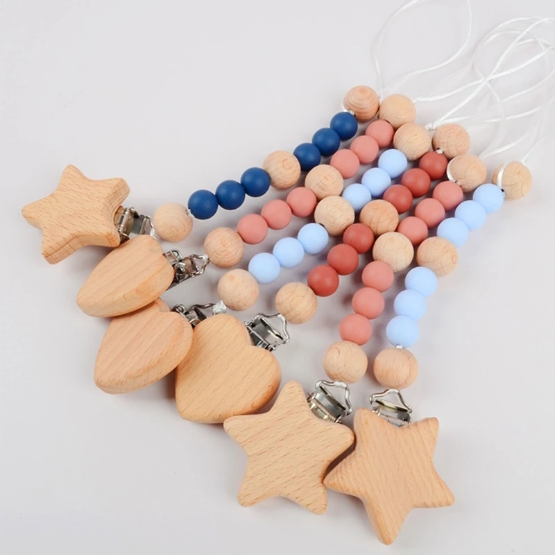 

Beech Wood Bead Silicone Pacifier Clip Soother Holder Baby Bibs Clip Toddler Dummy Chain Nipple Clips Infant Shower Gift A2UB