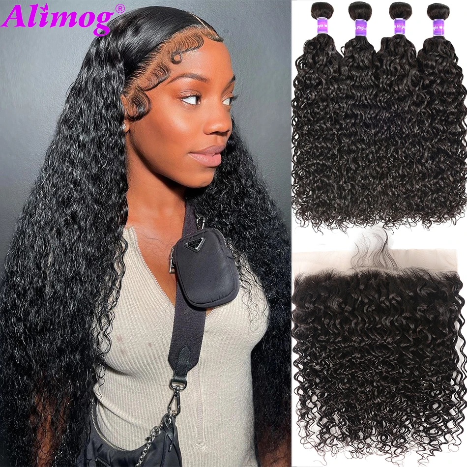 Peruvian Water Wave Bundles With Closure 8-30 Inch Natural Wave Hair Extension Remy Human Hair Bundels With Frontal