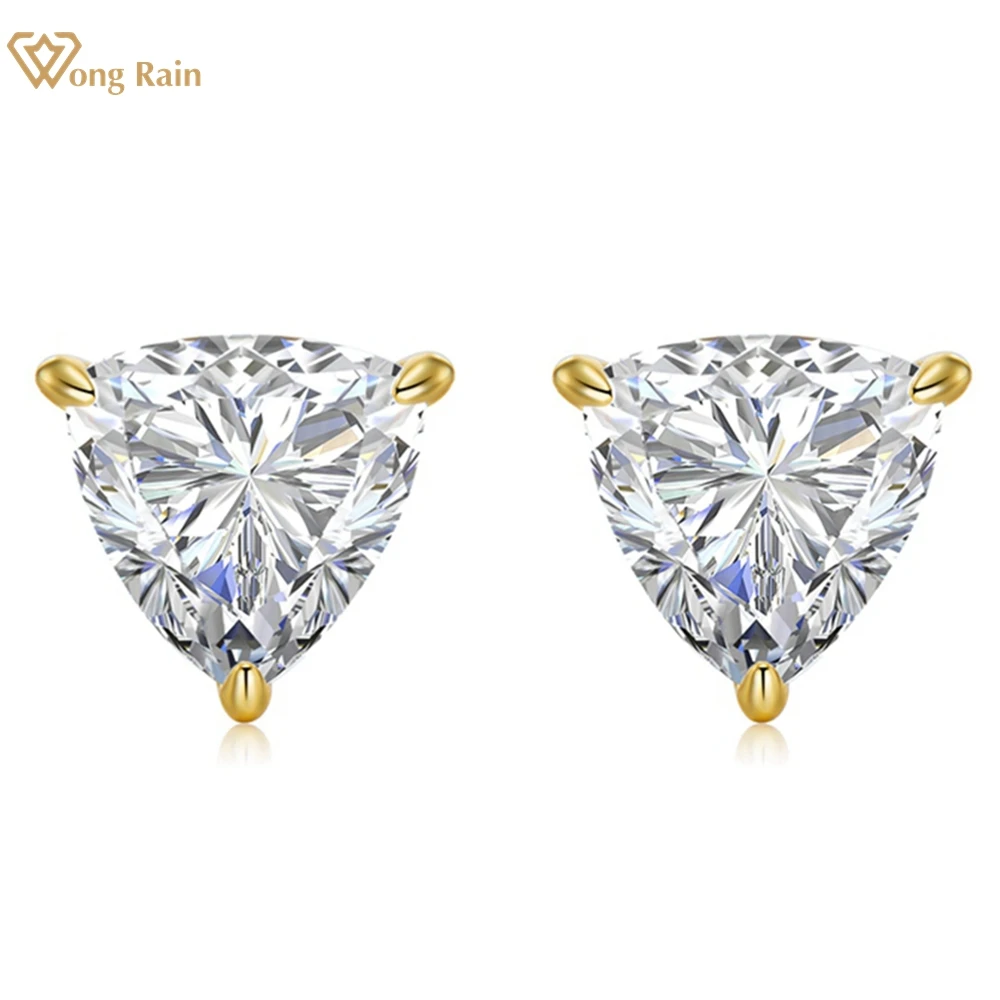 Wong Rain 100% 925 Sterling Silver Triangle High Carbon Diamond Gemstone 18K Gold Plated Ear Studs Earrings Fine Jewelry Gifts