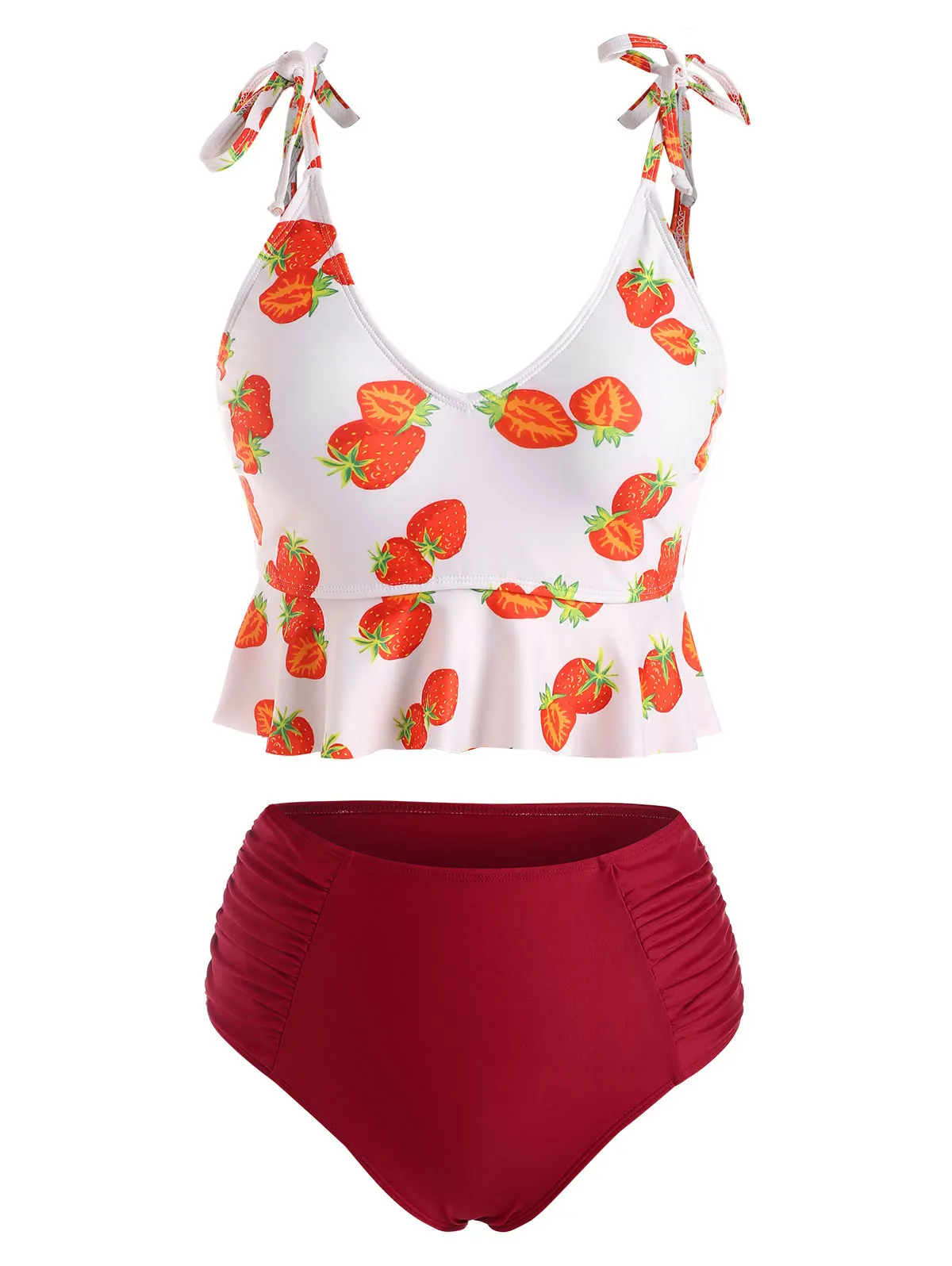 

Cute Padded Wire Free Bikinis Set Tied Shoulder Strawberry Print Ruched High Waisted Tankini