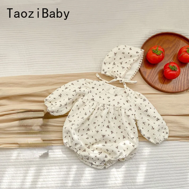 

Baby Rompers 2022 Spring New Cotton Infant Corduroy Bubble Long-sleeved Jumpsuit Triangle Romper with Hat Baby Girls Clothing