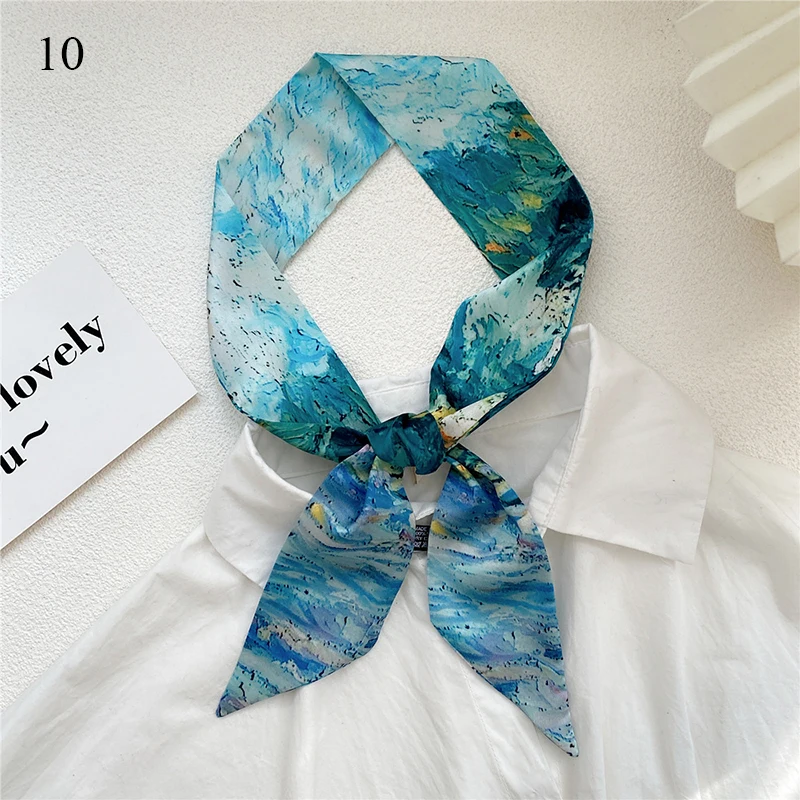 

Hair Tie Band Kerchief Wrist Ribbons Long Skinny Silk Scarf Narrow Neckerchief Headband Oil Painting Print Streamer Small Scarf