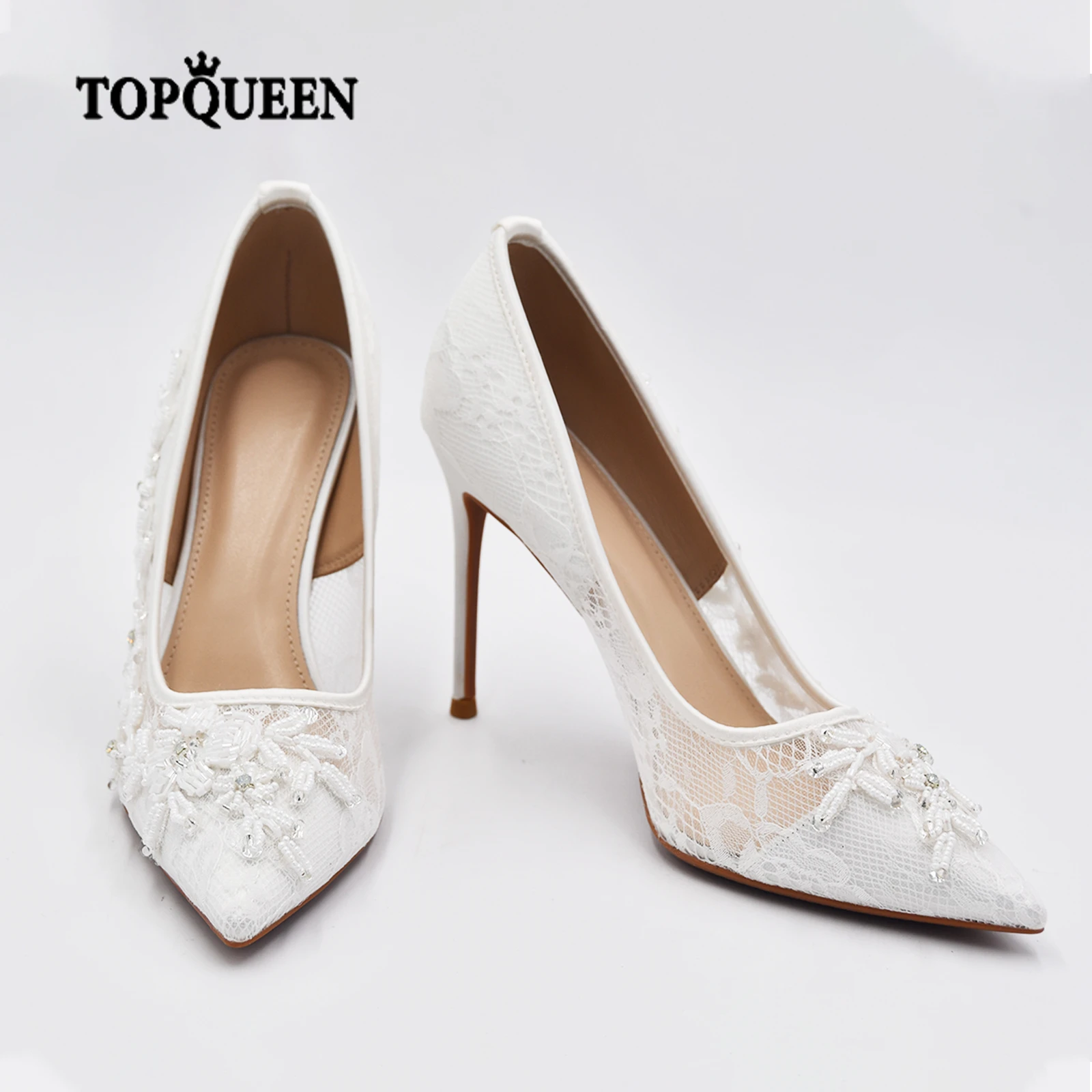 TOPQUEEN Wedding Shoes Bride Woman Shoes New Arrivals 2022 White Lace Bead Elegant Wedding Heels Ladies Wedding Shoes A04