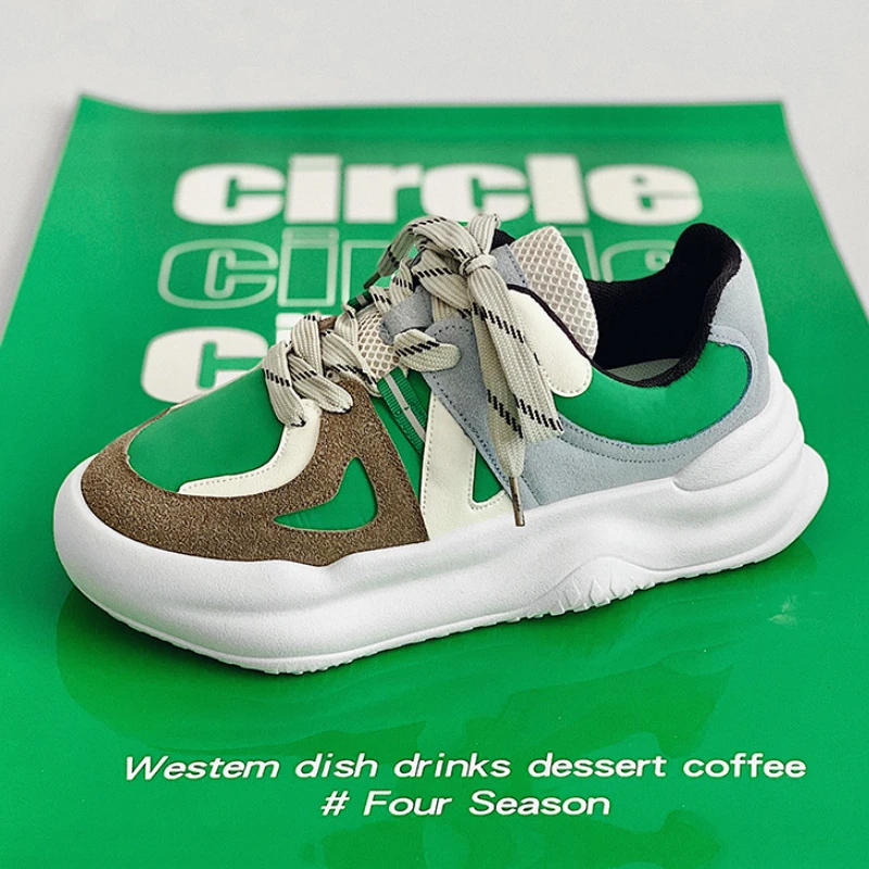 

2022 Men's Sneakers Leather Platform Green Casual Shoes Men's New Dad Shoes Pu Leather + Mesh Heightening Casual Sneakers