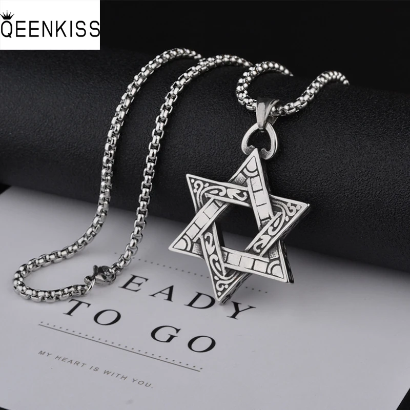 

QEENKISS NC877 2021 Fine Jewelry Wholesale Hiphop Trendy Man Birthday Wedding Gift Street Six-point Star Titanium Steel Necklace