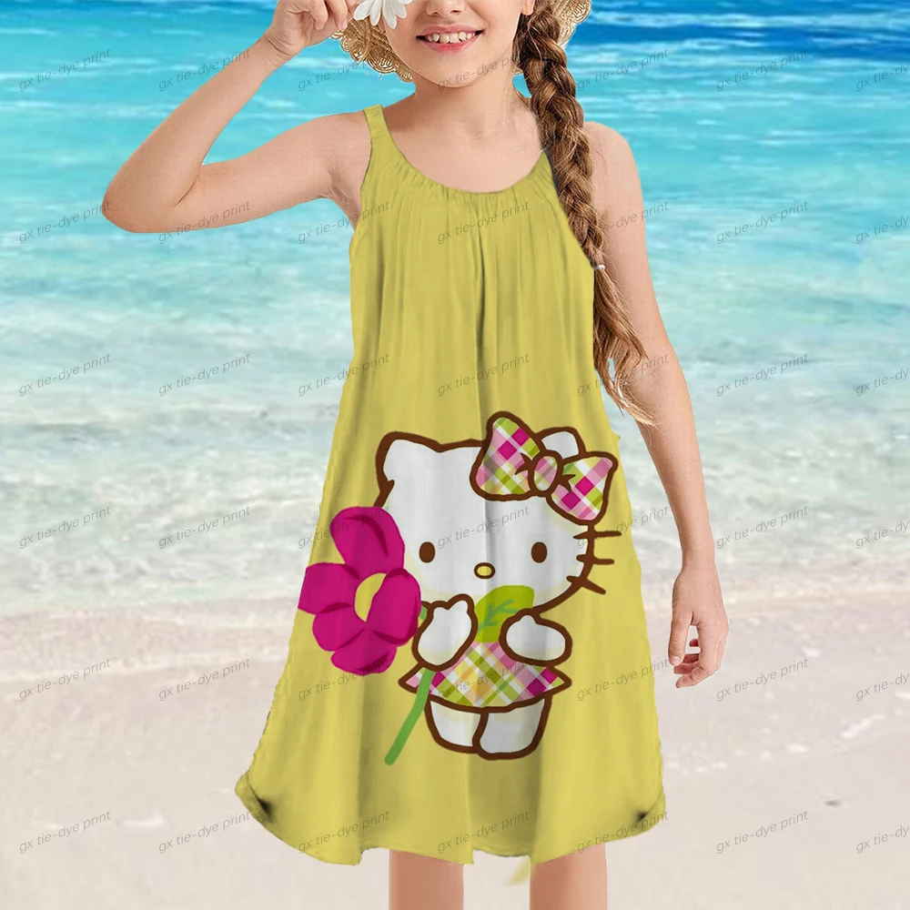 

Детское летнее пляжное платье HELLO KITTY без рукавов для девочек, платье принцессы на бретелях, Повседневное платье для детей и девочек