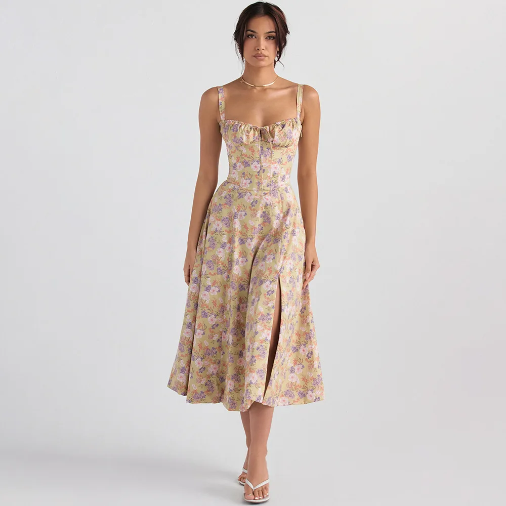 

Women France Spaghetti Strap Printing Floral Dress Elegant Lace Pure Color Sweet Dress 2023 Sleeveless Summer Beach Long Dress