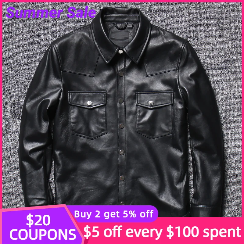 

2022 черная Повседневная стильная рубашка из натуральной кожи, однобортная тонкая приталенная весенняя куртка из натуральной овечьей шкуры ...