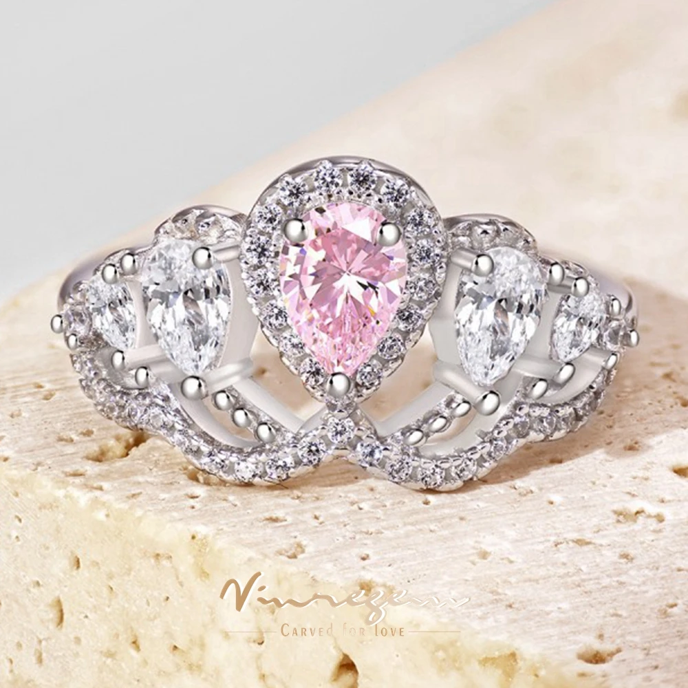 

Vinregem Pear Cut 4*6 MM Lab Created Sapphire Gemstone 100% 925 Sterling Silver Sparkling Crown Ring for Women Wedding Jewelry
