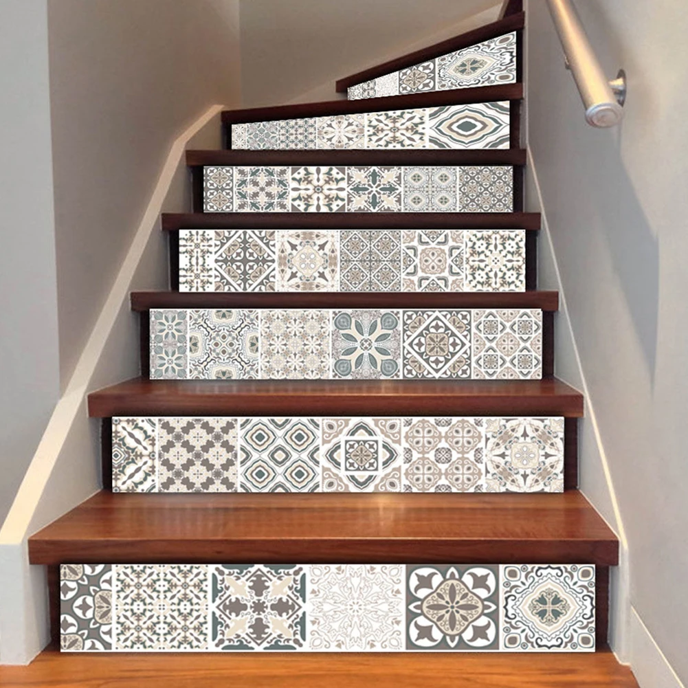 

6pcs 3D Ceramic Tile Wall Stairs Stickers Self Adhesive Removable PVC Stairway Decor Stickers DIY Home Decoration Grey