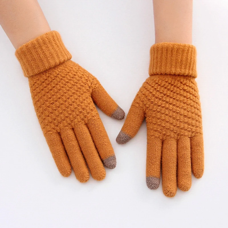 

Winter Touch Screen Gloves Women Men Warm Stretch Knit Mittens Knitting Solid Color Full Finger Female Crochet Thicken Glove