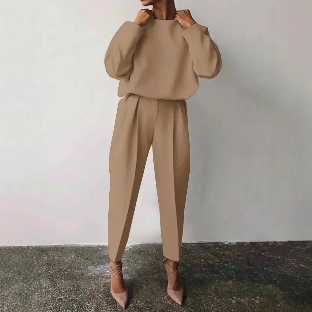Женский однотонный комплект брюк с круглым вырезом и длинными рукавами пуловеры