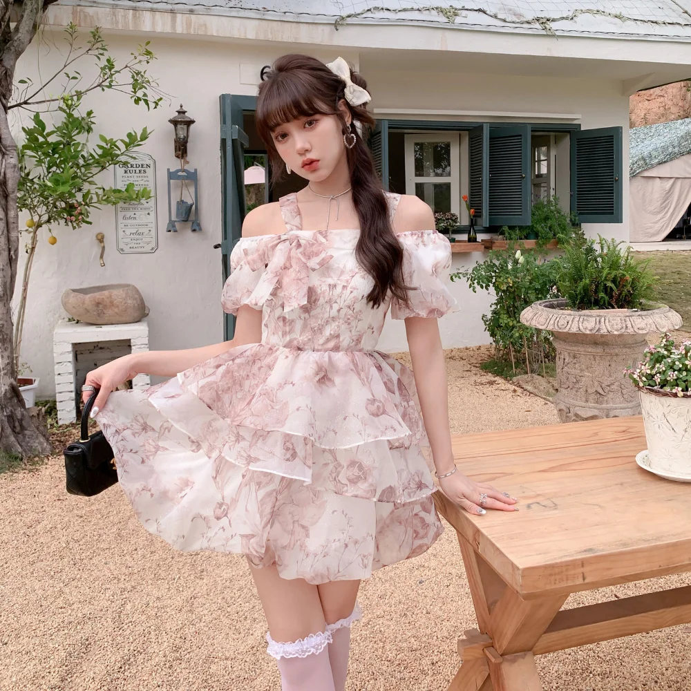

Korean Style Kawaii Sweet Pure Desire Wind Suspender Off-the-shoulder Dress Women 2023 Summer Cute Bow Mini Skirt Cake Skirt
