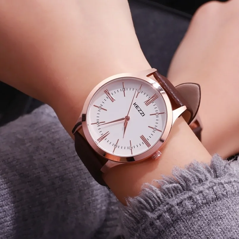 KEZZI Brand Woman Watches Roman Numerals Business Women Men Watch Couple Leather Strap Quartz Watches relogio feminino