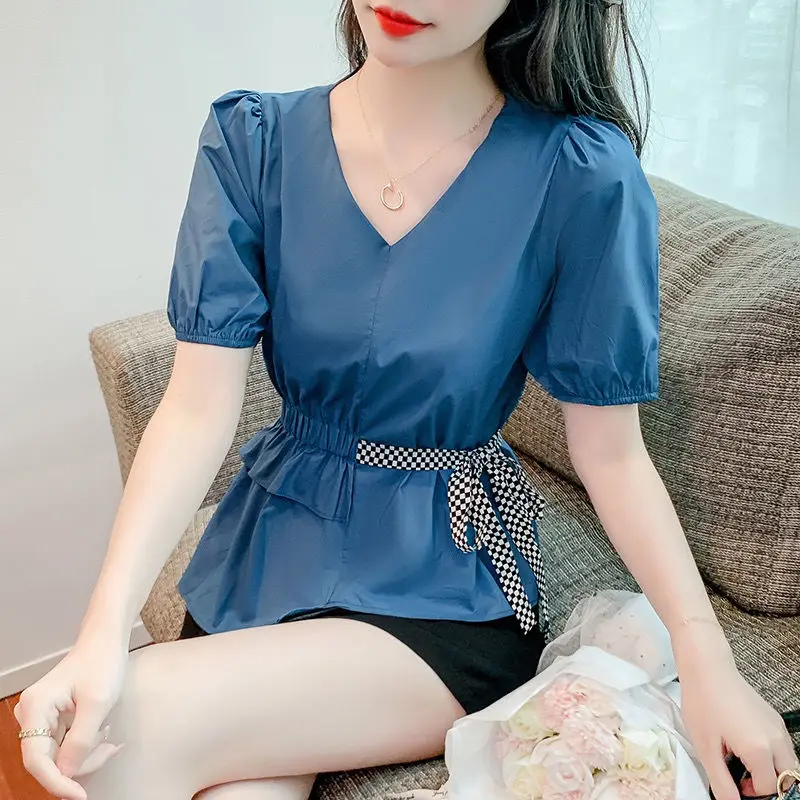 

Design Blouse Female V -neck Shirt Short Sleeve Women 2022 New Loose Solid Casual Top High -end Blouse Female Clothing Tops