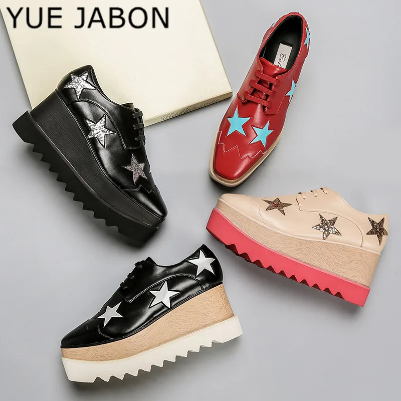 

YUE JABONwoman Loafer Stars Women Square Toe Lace-up Thick Bottom Platform Wedge Shoes, Height increasing star shoes women 35-41