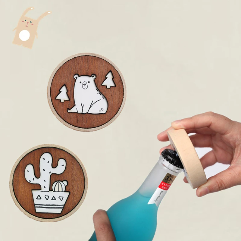 

1pc Magnet Wooden Bottle Opener Coaster Fridge Magnet Decoration Beer Bottle Opener Magnetic Bottle Opener Home Decorations