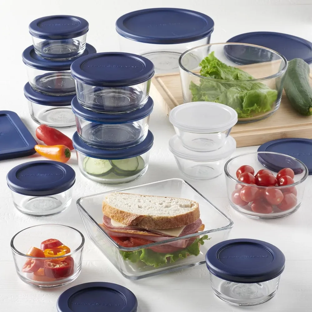 

Anchor Hocking Clear Glass Food Storage,30 Piece Set with Navy Lids
