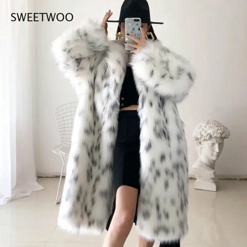 Fashion Faux Fox Fur Coat Women 2021 Winter Casual Spliced Leopard Print Fur Jacket Female Thick Warm Mid-Long Plush Outerwear