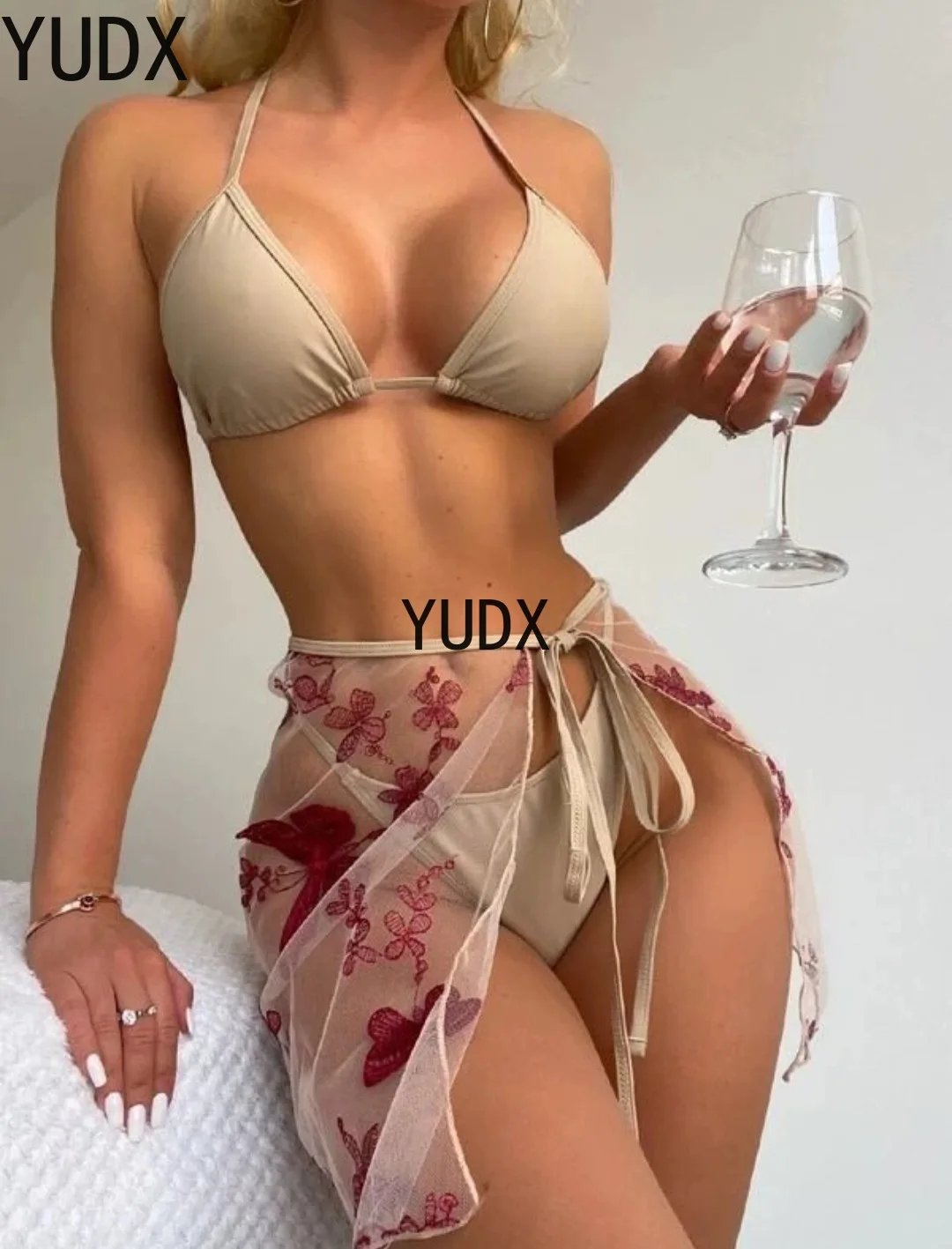 

2023 Spring/summer New Swimsuit Women's Sense of Print Sunscreen Lace Split Three-piece Swimsuit Bikini Bathing Suit Women