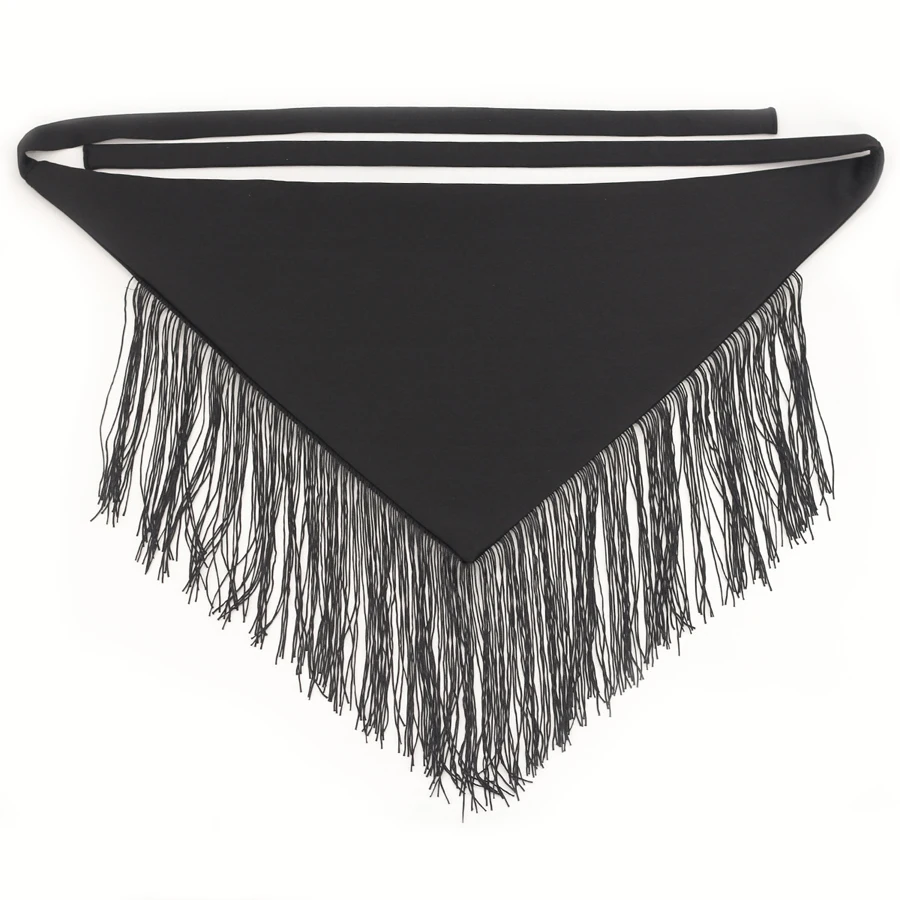 Черный однотонный тканевый пояс с кисточками для женщин нерегулярный длинный