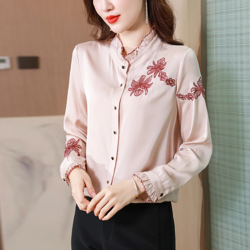

Korean Autumn Silk Long Sleeve Women Shirt SATIN Office Lady Women Tops White Blouse Women Camisas De Mujer