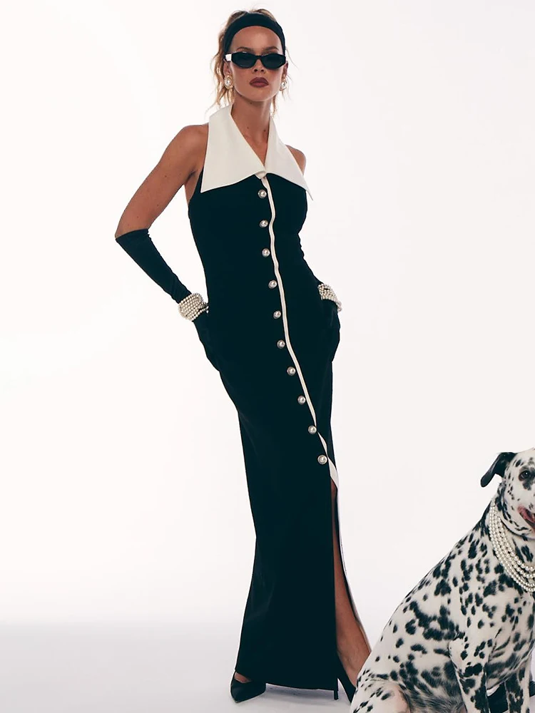 VC Вечернее черное платье миди трапециевидной формы с жемчужными пуговицами