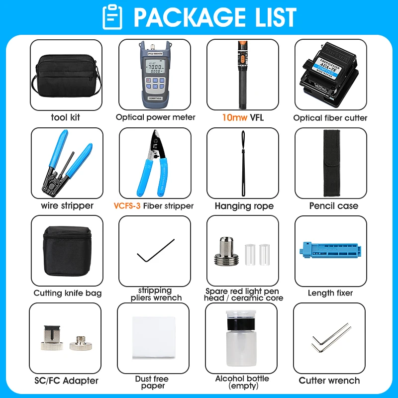 FTTH Fiber Optic Cold Splicing Kit Set Optical Power Meter Red Light Pen Fiber Cutting Knife Leather Wire Pliers Nomiller Pliers