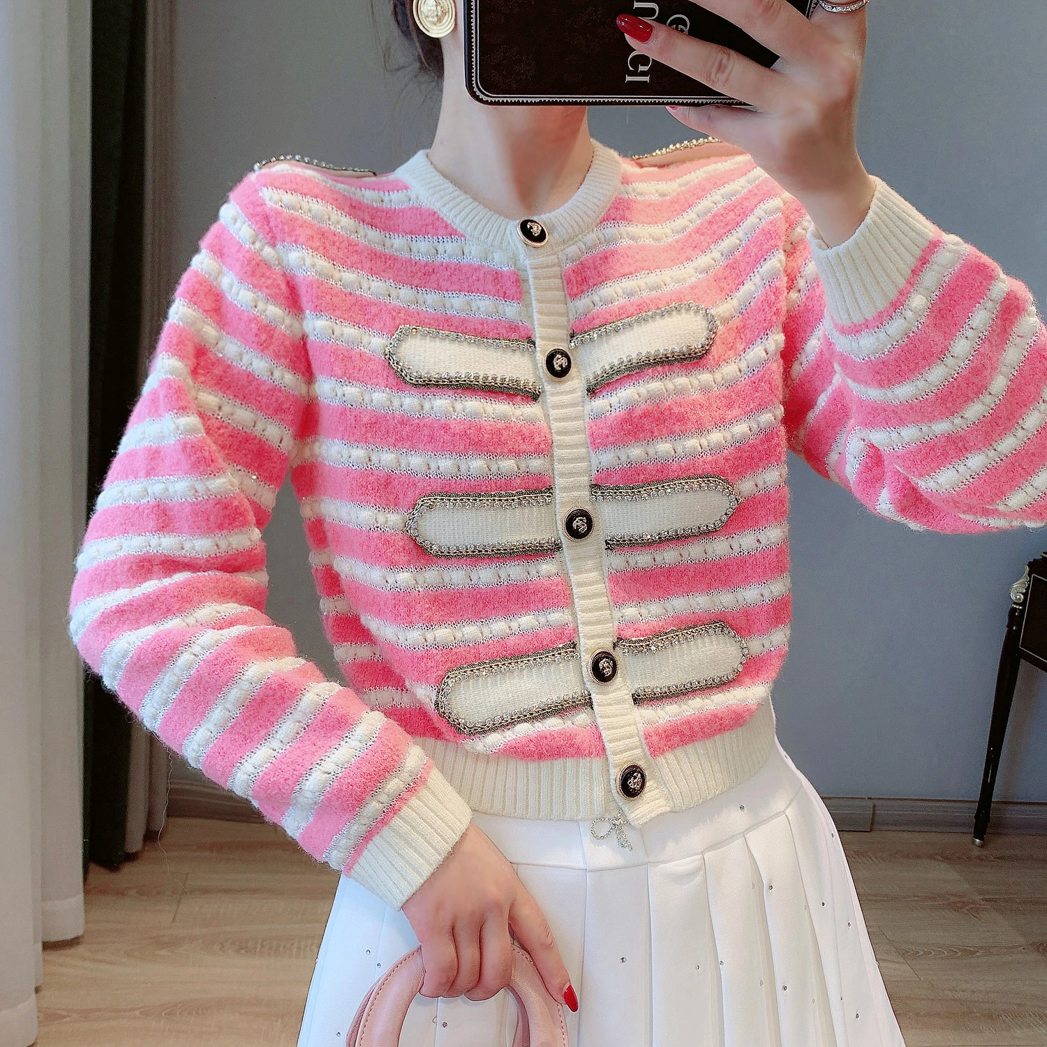 Striped Pink Cardigan with Beaded Chain 2022 Autumn Knitted Cardigan O Neck Black White Cardigan Women Sweater Coat Fall Tops