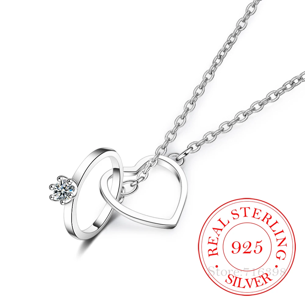 

Очаровательное ожерелье из стерлингового серебра 925 пробы с двойным кольцом и сердцем из циркония кулон для женщин и девушек подарок на ден...