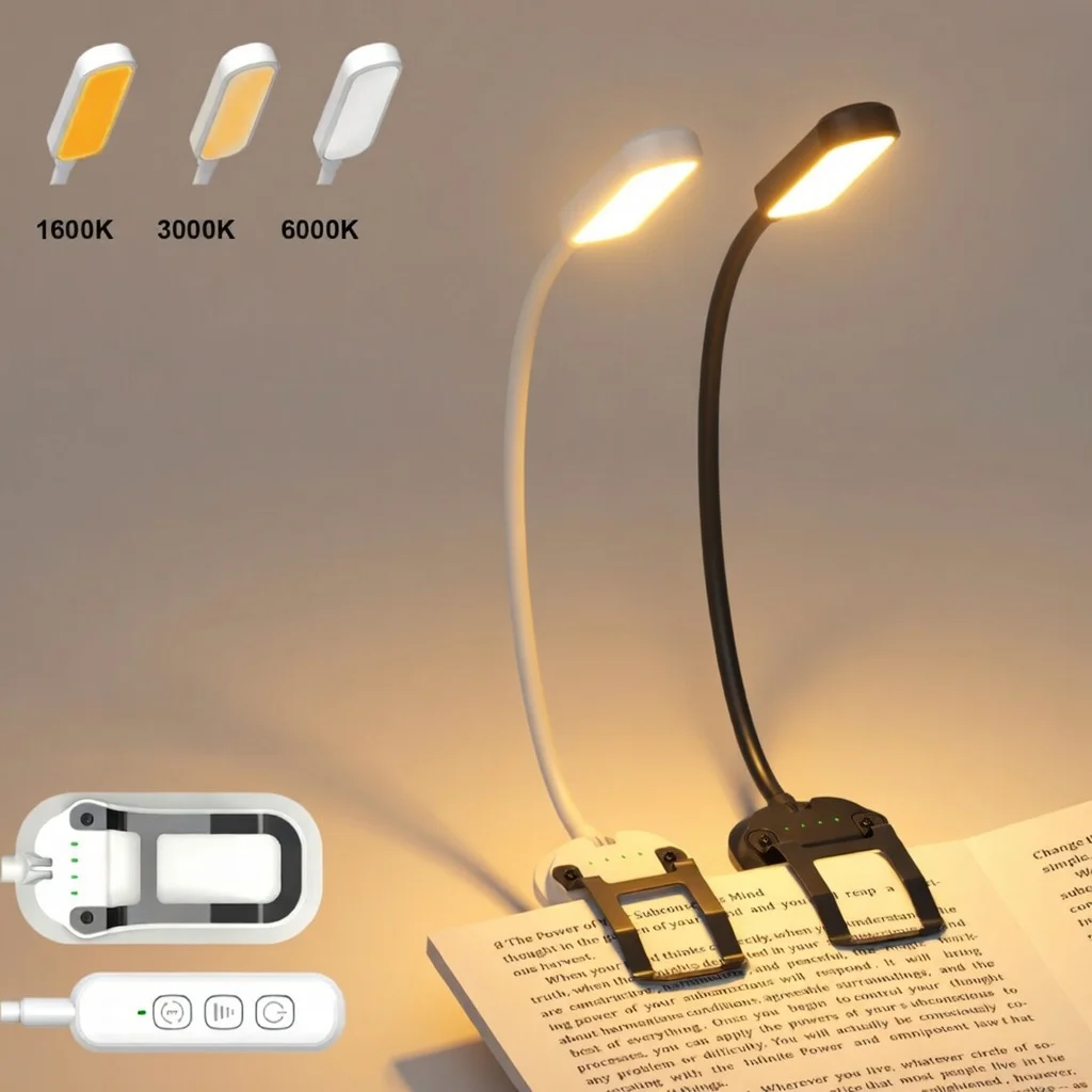 Фото 20 светодиодных ламп для чтения с USB-подзарядкой, 3 цвета и 5 уровней яркости, портативная гибкая лампа с удобным креплением для книг в постели. №1