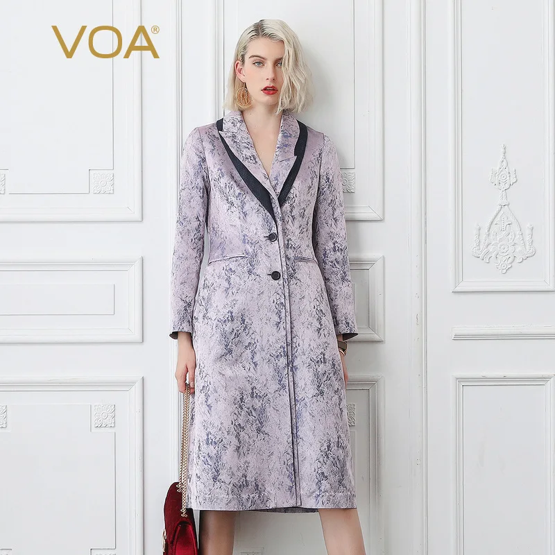 

VOA 100% Silk Trench Coat Women Long Overcoat gabardina mujer sobretudo feminino Runway Windbreaker femme Medieval Clothes F361
