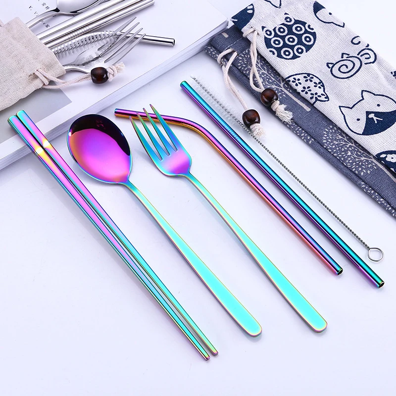 

7Pcs Stainless Steel Material Washable Reused Chopsticks CutlerySpoon Kitchen Cutlery Set