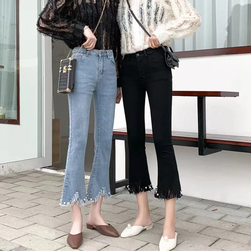 

2022 Women Flare Pants High Waist Vintage Jeans Streetwear Wide Leg Denim Pants Female Ankle-length Pants Plus Size