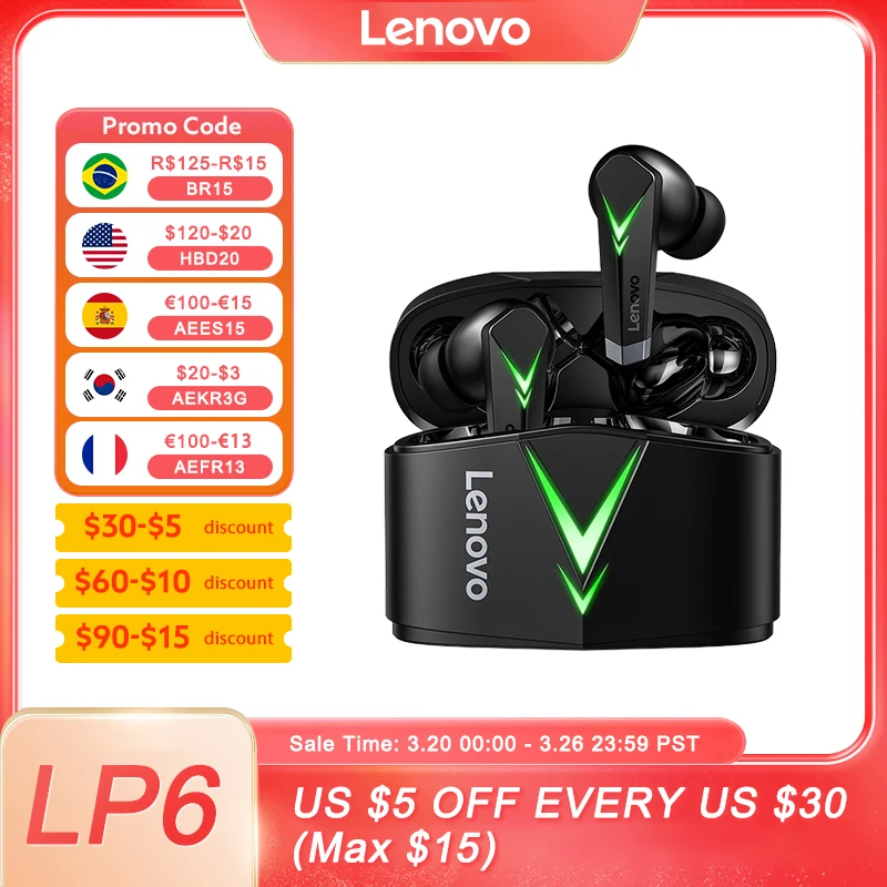 Lenovo LP6 TWS Gaming Earphone New Wireless Buletooth Headphone With Noise Reduction Dual Mode Headset For E-Sports Games Music
