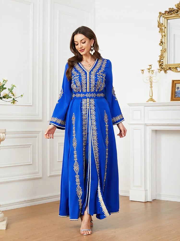 Blue Morocco Kaftan Dubai Turkey Evening Long Dress for Wedding Party Ramadan Muslin 2 Pieces Set with Belt Sunday Pentecost