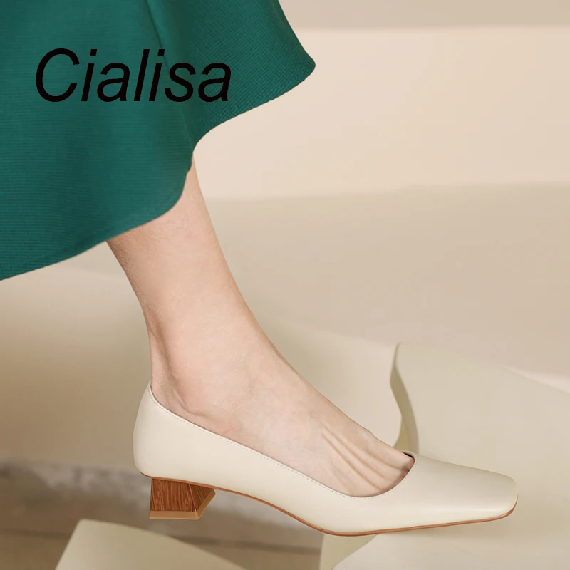 Cialisa Genuine Leather Women Shoes Concise Square Toe Dress Pumps Spring New Handmade Slip-On Mid Heels Ladies Footwear 33-40